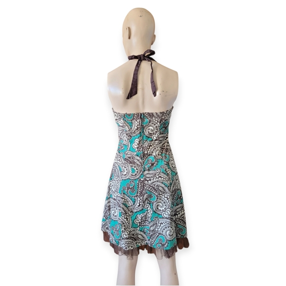 Y2K Whimsigoth Paisley Halter Dress With Tulle Hem Teal And Brown Medium - Picture 5 of 15